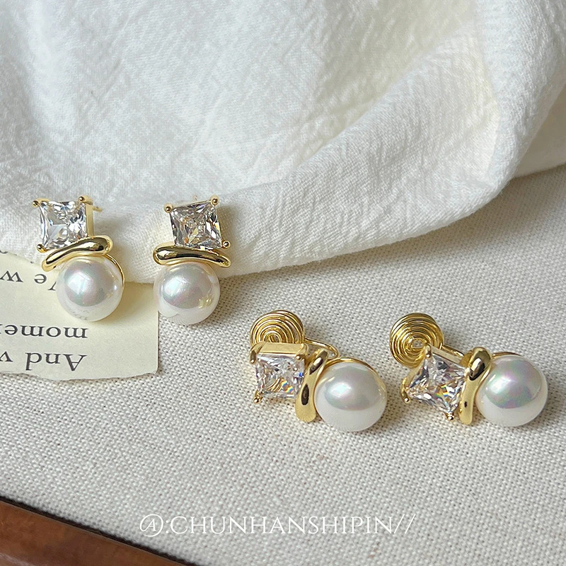 新款潮珍珠耳钉高级感耳环简约风气质方钻珍珠耳坠耳饰品现货轻奢