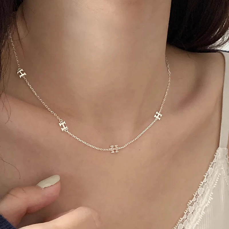 lulu轻奢s925纯银间隔字母H项链女银色链条o字链韩版简约锁骨链