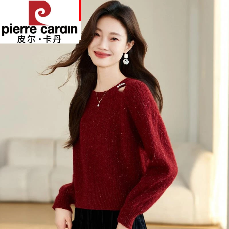 皮尔卡丹2024秋冬针织衫打底衫宽松纯色圆领上衣女红色套头毛衣女
