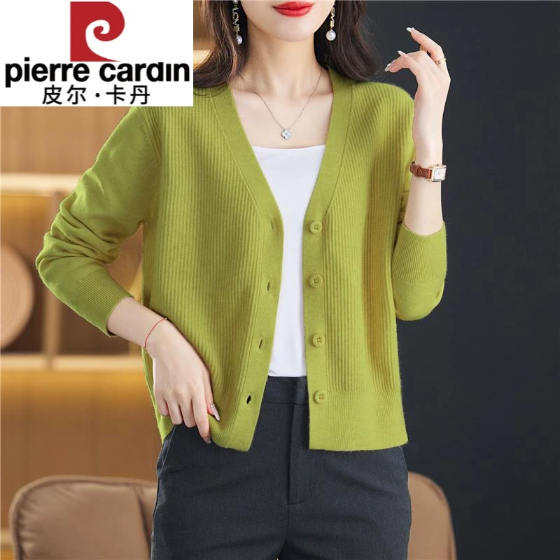 皮尔卡丹早春v领小款针织开衫女薄款外套2025新款外搭短款薄毛衣