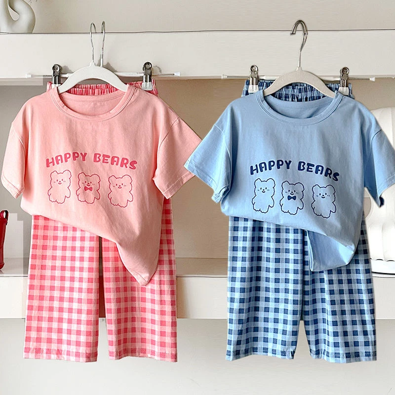 A类纯棉家居服套装夏季宽松全棉儿童睡衣中大男童女孩宝宝空调服