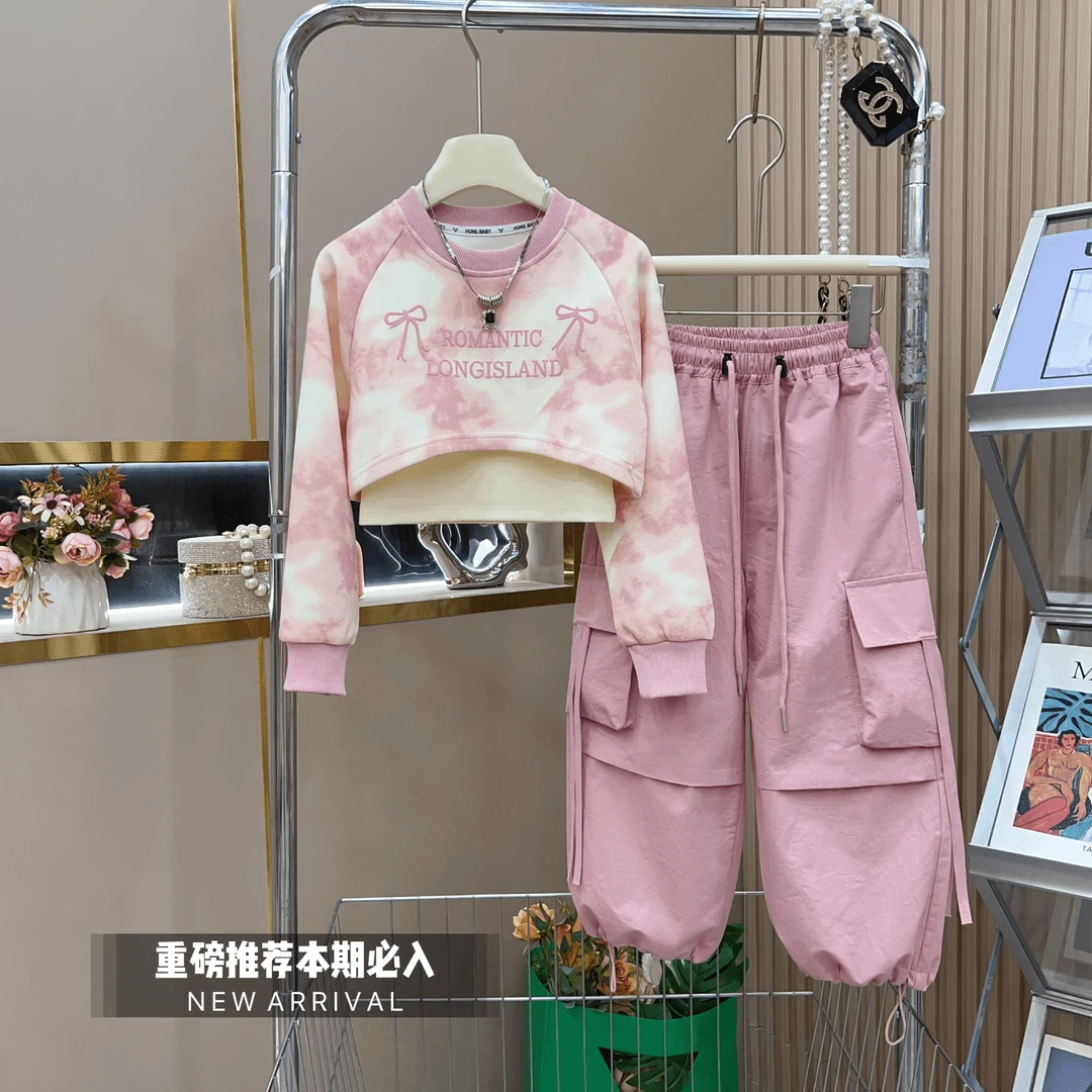 女童秋装套装2025新款韩版中大童洋气卫衣休闲工装裤女孩三件套春