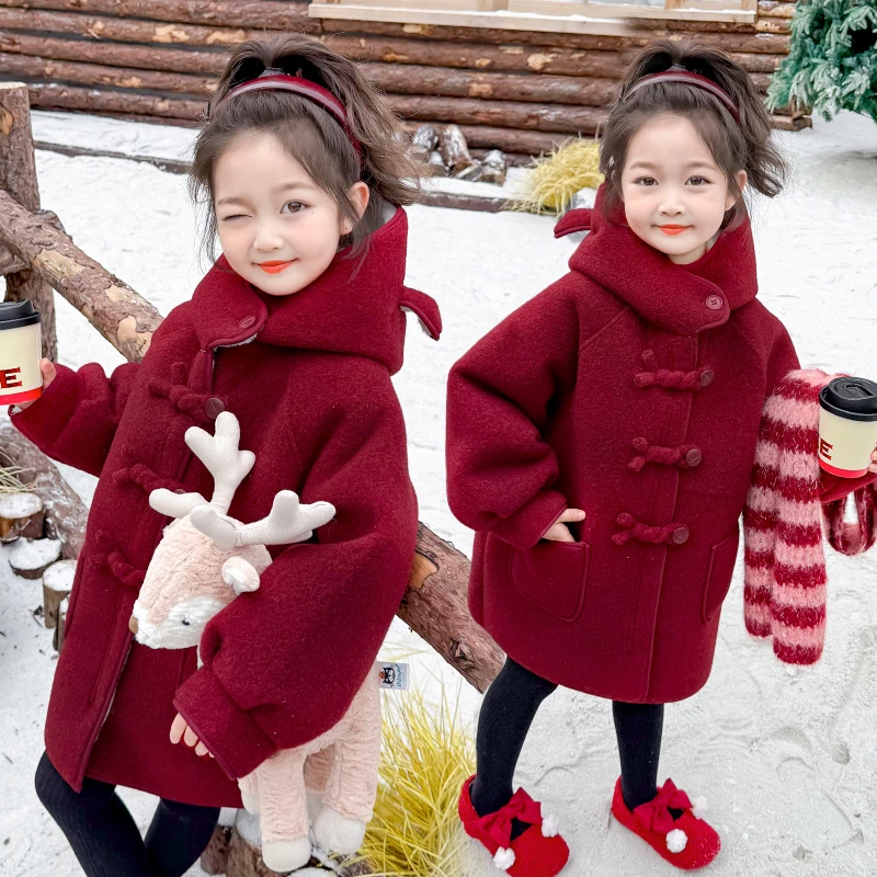 女童加绒外套秋冬装新款时髦儿童呢子大衣加厚女孩过年新年装棉服