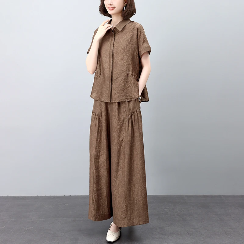 妈妈夏季时尚套装2025新款宽松显瘦短袖衬衫休闲阔腿裤气质两件套