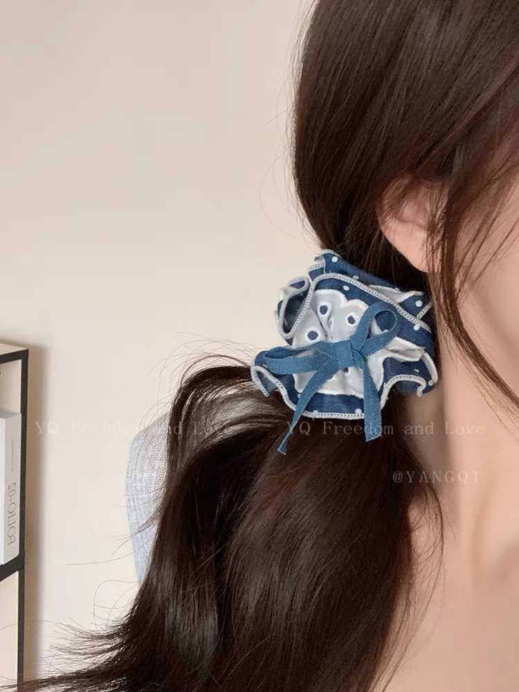 深牛仔蓝蝴蝶结大肠发圈高弹力后脑勺高级感盘发扎发头绳发绳发饰