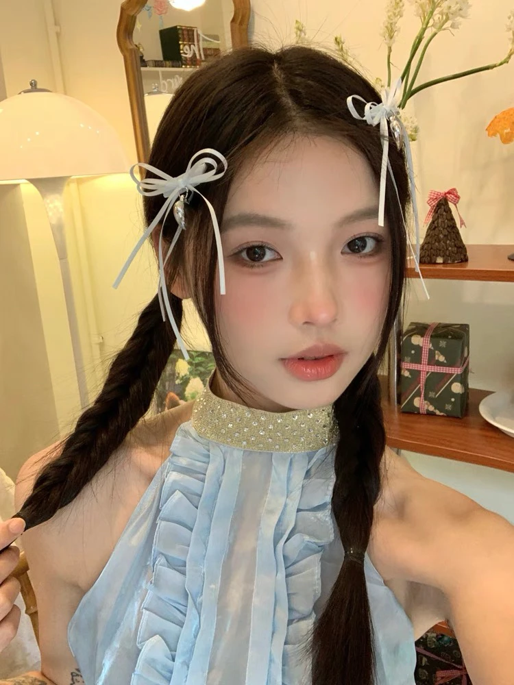 2024小众新款蝴蝶结飘带爱心吊坠发夹芭蕾风法式系带编发发带头饰