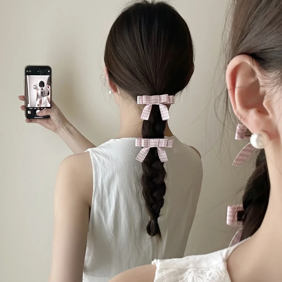 韩系甜美！小清新春天格子稳对夹小蝴蝶结马尾辫发卡头饰可爱气质