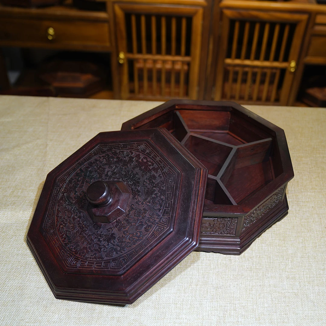 H006【巴里黄檀*八仙吉祥】手工打磨古典雕刻红木果盒工艺品实木