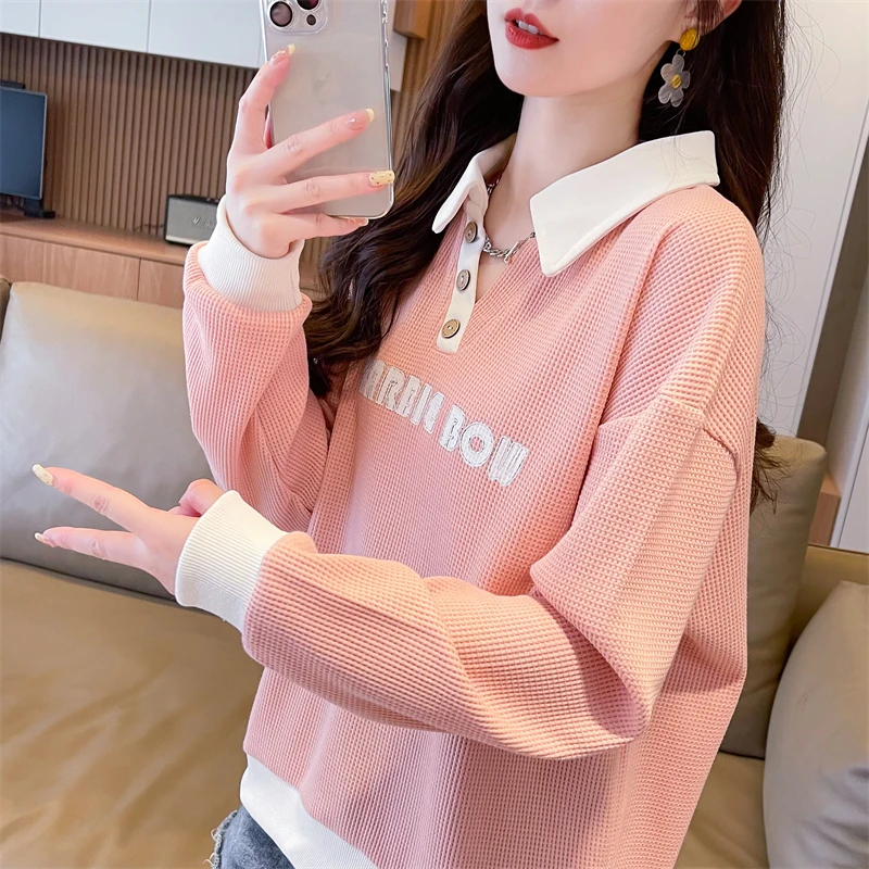 2025秋季新款卫衣女宽松拼接POLO韩版洋气春秋薄款华夫格长袖上衣