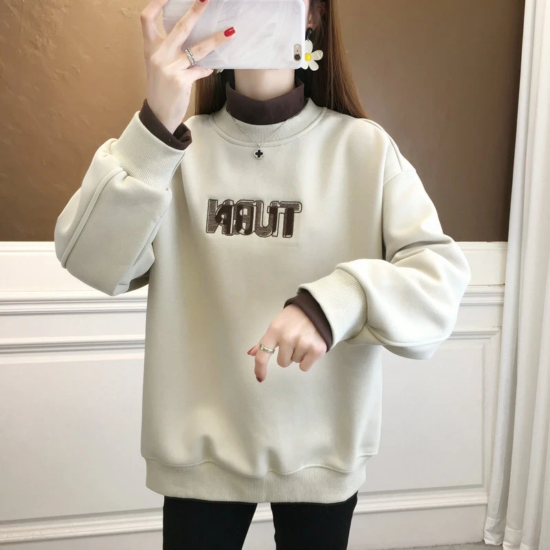 无帽半高领设计卫衣女2025秋冬加绒加厚长袖外套韩版宽松上衣ins