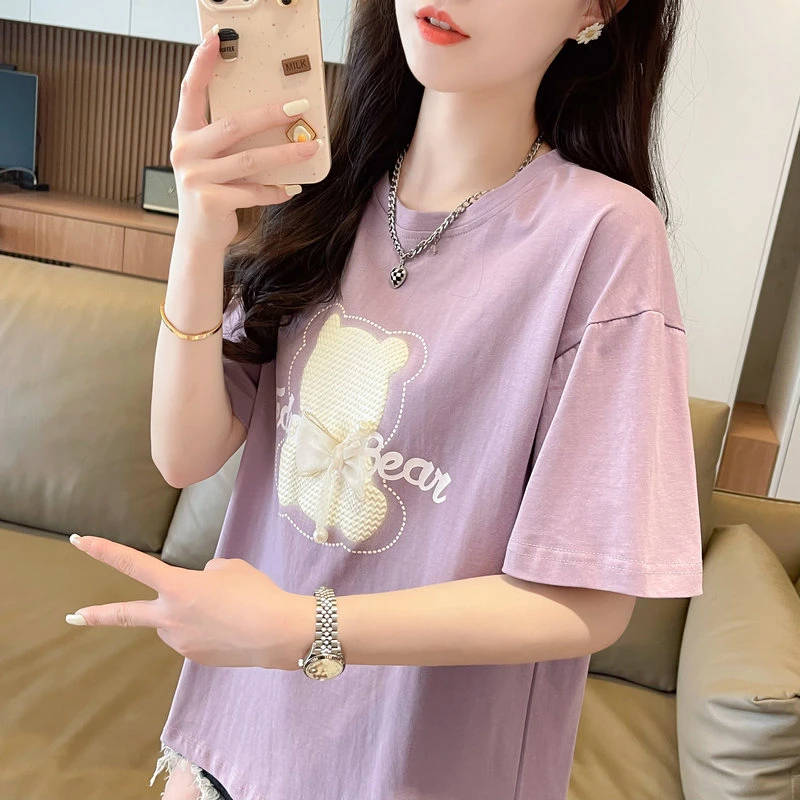 2025夏季新款短袖卡通女装小众T恤百搭宽松休闲学院风上衣打底衫