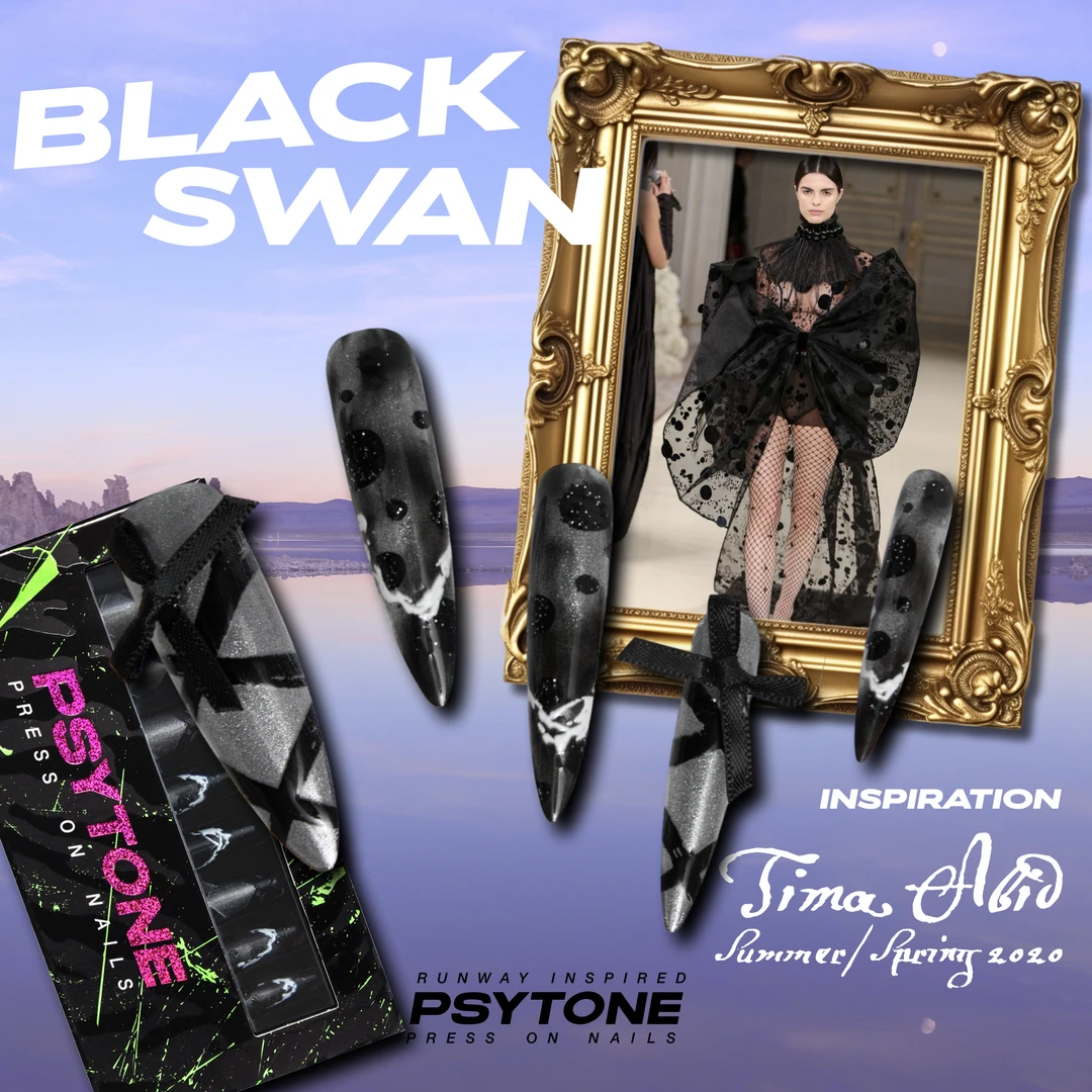 幻调Black Swan 黑天鹅 | 设计师款黑色系指间蝴蝶结穿戴美甲1029