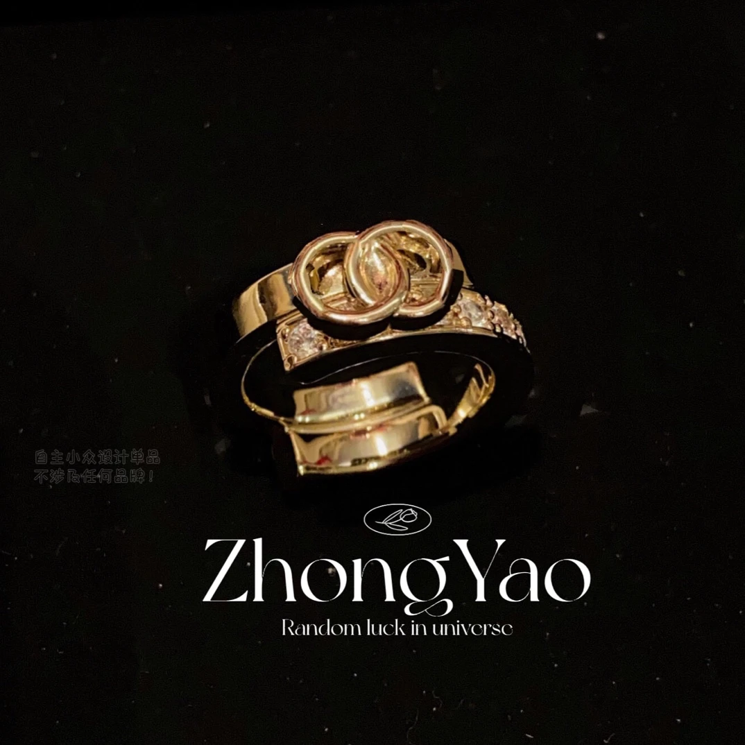 铜合金合成锆石戒指 R26-淡金色水钻拼接双面戒指轻奢法式