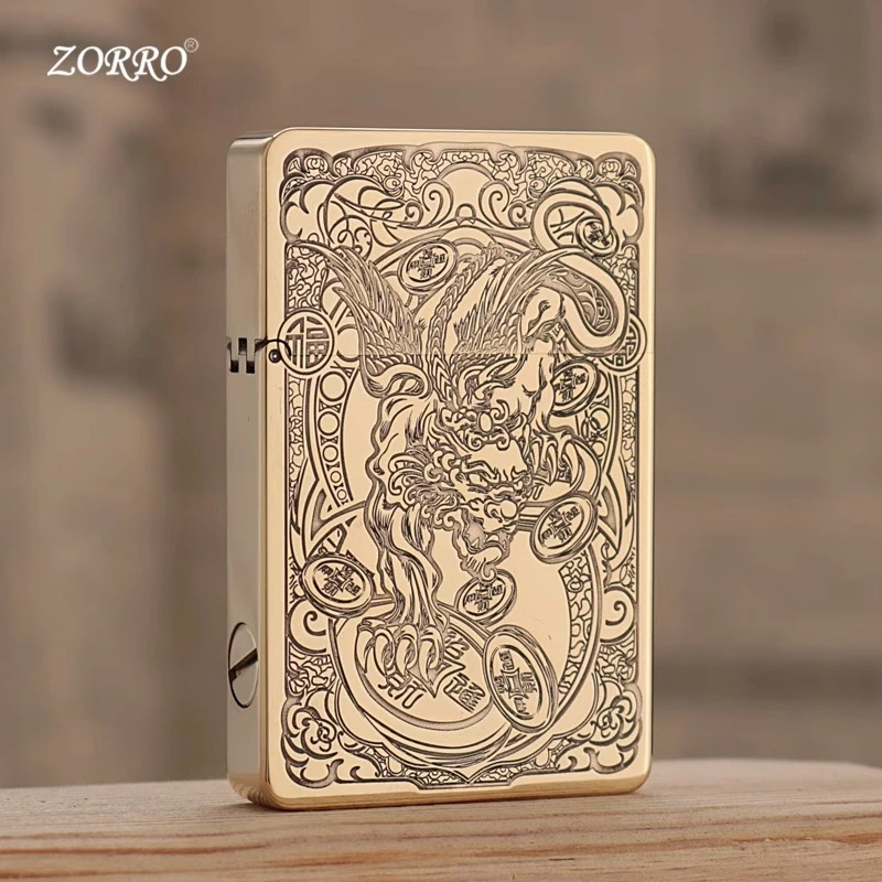 ZORRO佐罗黄铜超薄盔甲煤油打火机激光环绕精雕复古个性男士火机