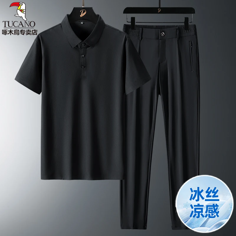 TUCANO/啄木鳥中老年冰丝套装夏季新款清凉POLO衫冰丝西裤二件套.