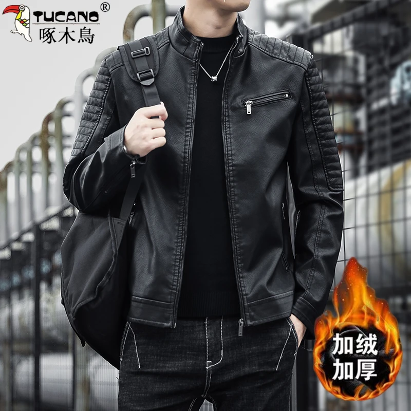 TUCANO/啄木鳥2025秋冬季加绒男士皮夹克潮流立领修身机车服皮衣