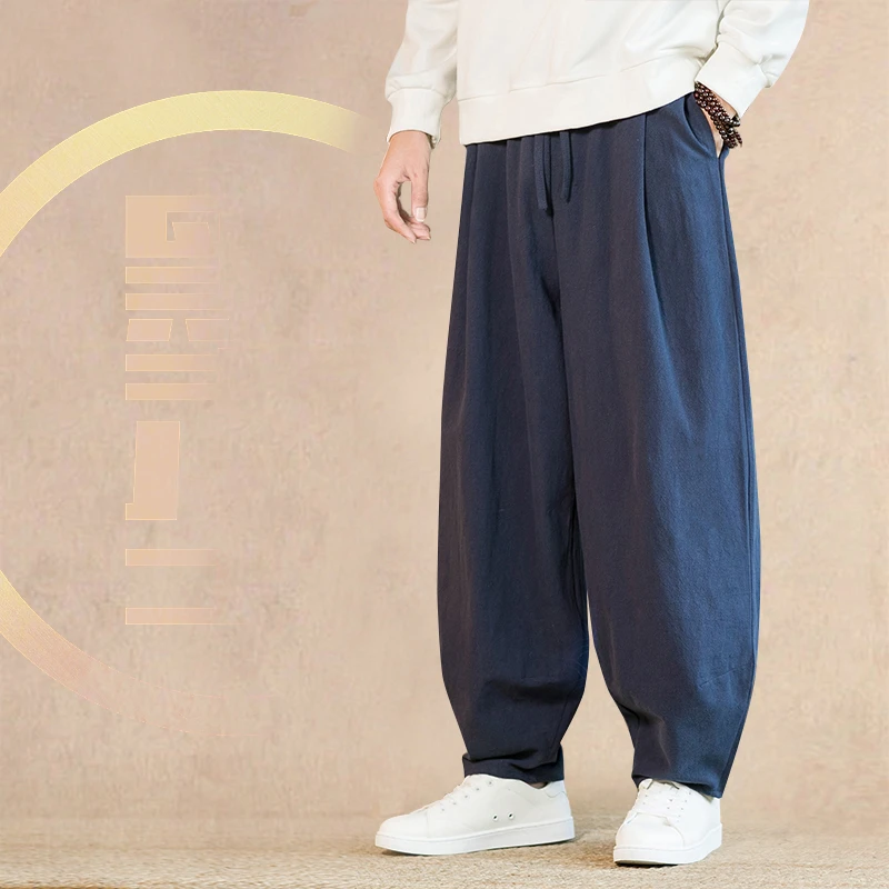 秋冬中式亚麻休闲裤阔腿裤中国风男士棉麻太极灯笼裤汉服裤道服裤