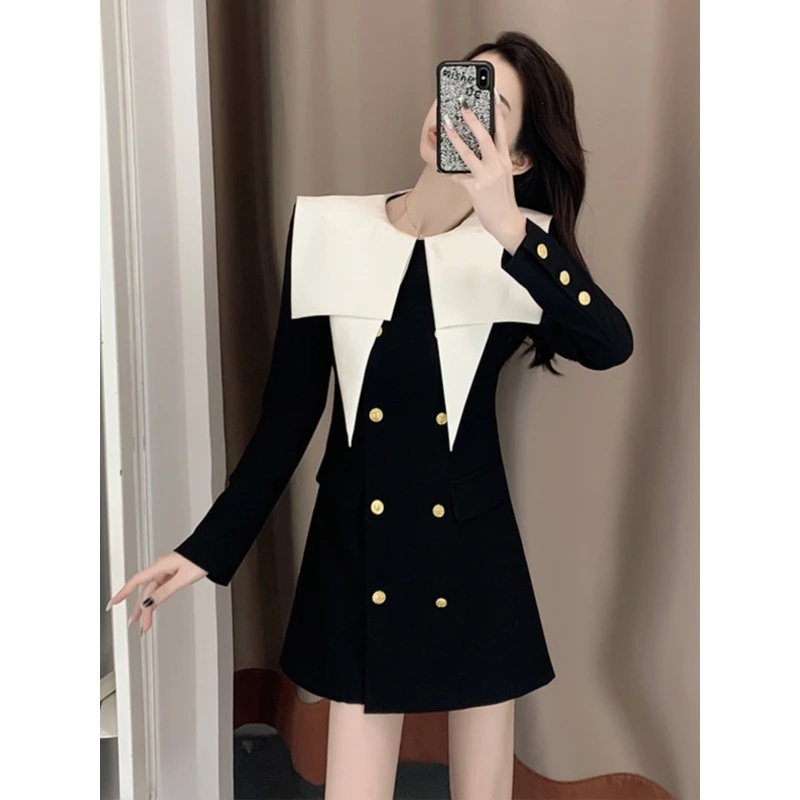 春季轻奢设计感小众裙子温柔气质女神范双排扣长袖高级西装连衣裙