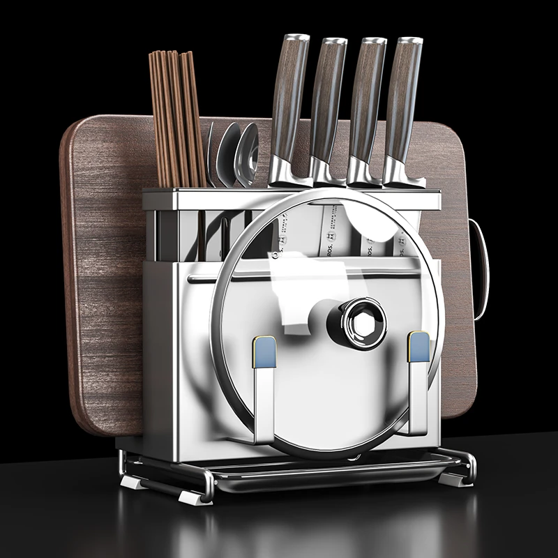 五润刀架置物架304不锈钢厨房多功能锅盖砧板刀具一体菜板收纳架