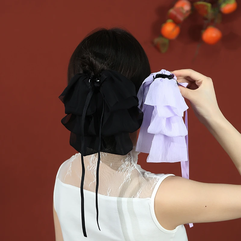 飘带黑色双层网纱蝴蝶结小号鲨鱼抓夹发夹女头饰