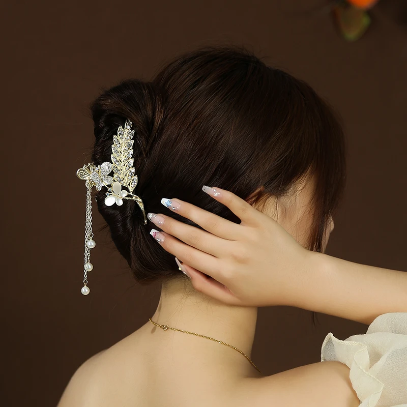 树叶蝴蝶流苏抓夹女后脑勺盘发发饰百搭鲨鱼夹