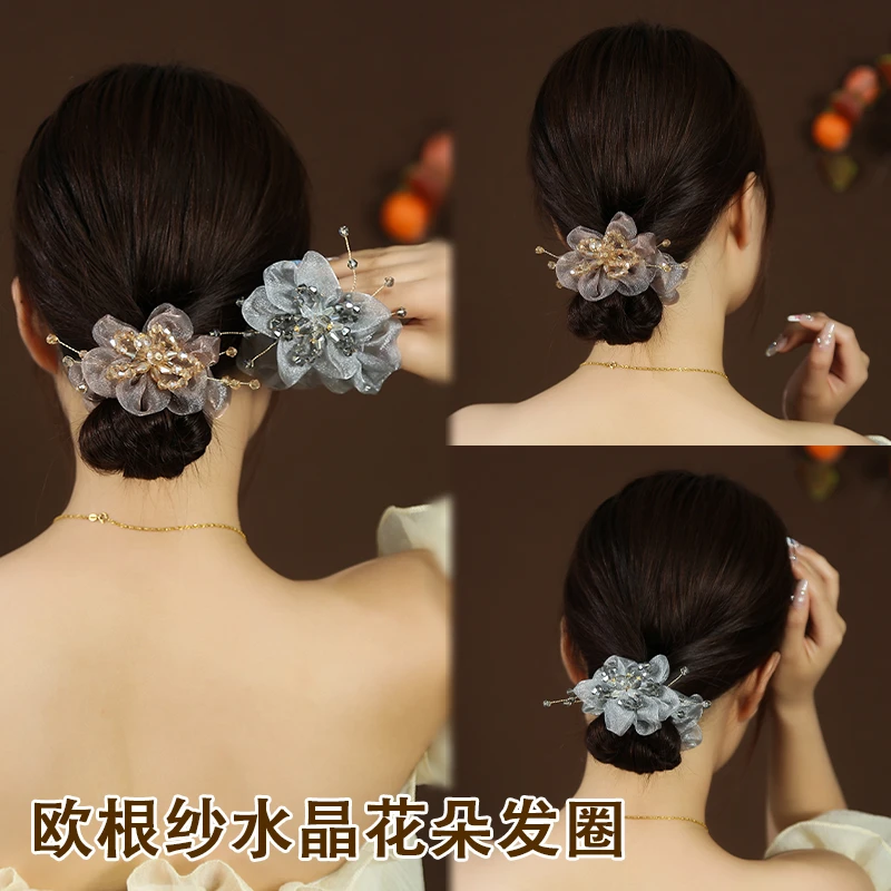 欧根纱钻珠花朵大肠发圈女气质发绳扎发头饰头花