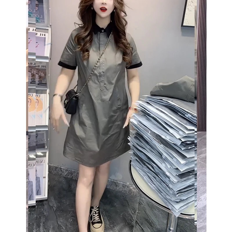 欧洲站2024夏季新款洋气显瘦翻领减龄连衣裙女时尚休闲短袖短裙