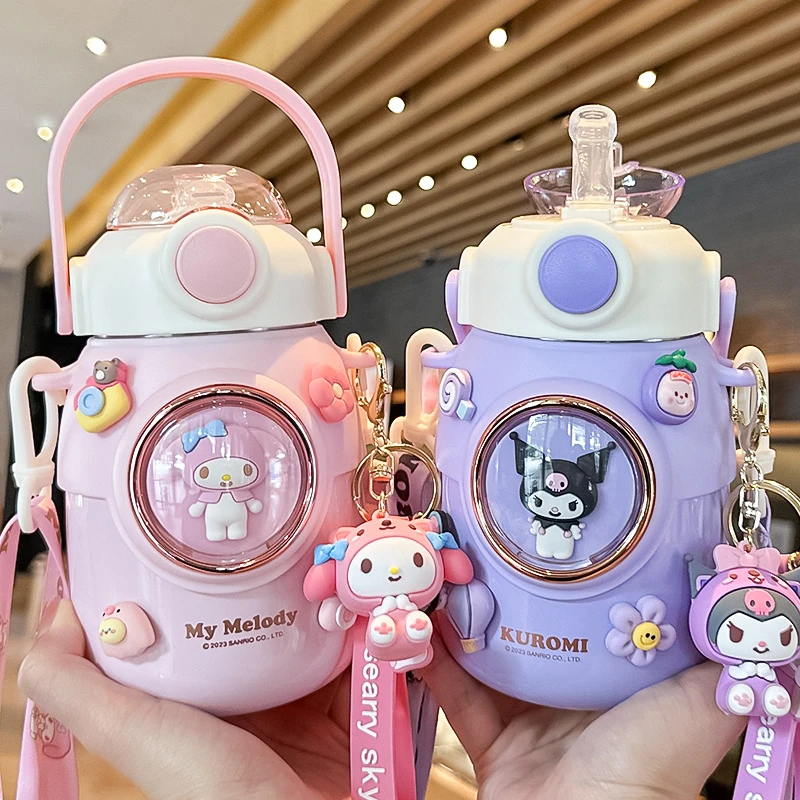 库洛米儿童保温杯吸管小学生上学专用水杯女童可爱便携大肚杯水壶