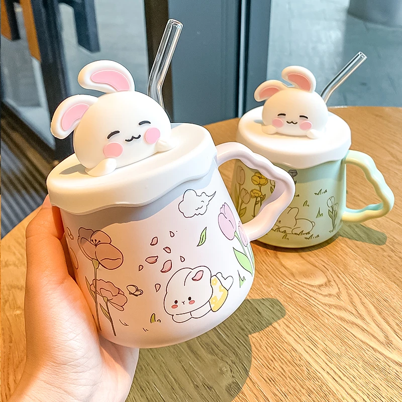 兔子吸管马克杯带盖女生大容量可爱吸管水杯家用设计感陶瓷早餐杯