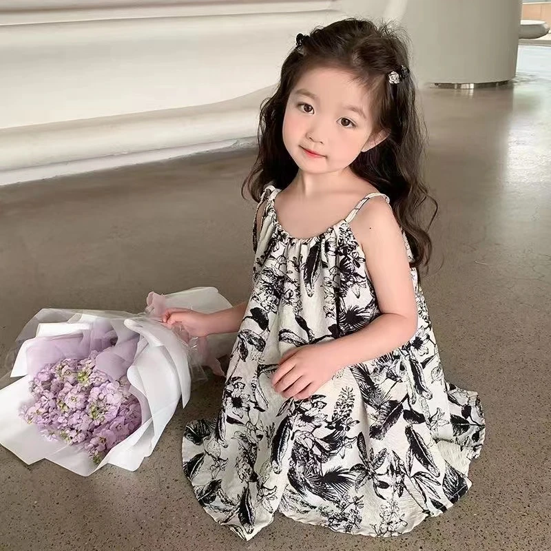 夏季新款女童连衣裙儿童中国风水墨洋气吊带裙薄款透气沙滩公主裙