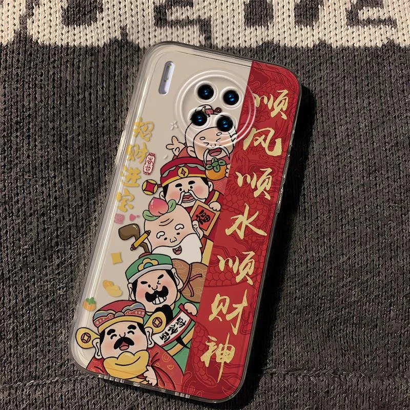 华为mate30pro网红新款五路财神国风透明手机壳太空卡通全包软硅