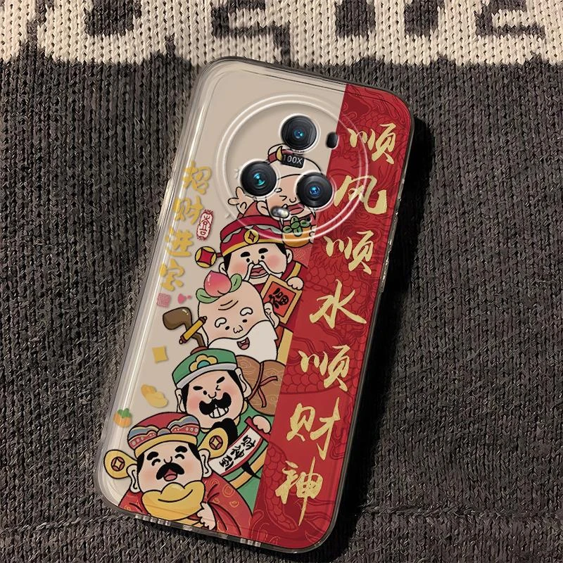 华为荣耀magic5pro网红新款五路财神国风透明手机壳太空卡通全包