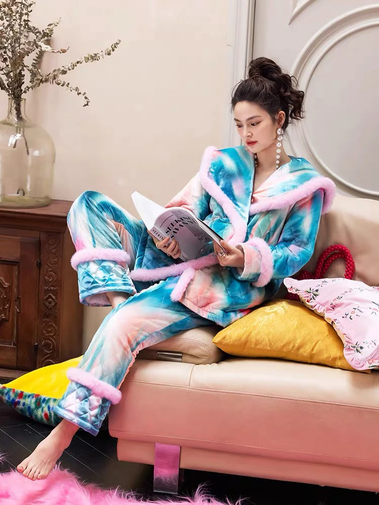 AUDREYWANG莫奈睡莲绗棉加绒加厚秋冬季长袖保暖女士睡衣套装