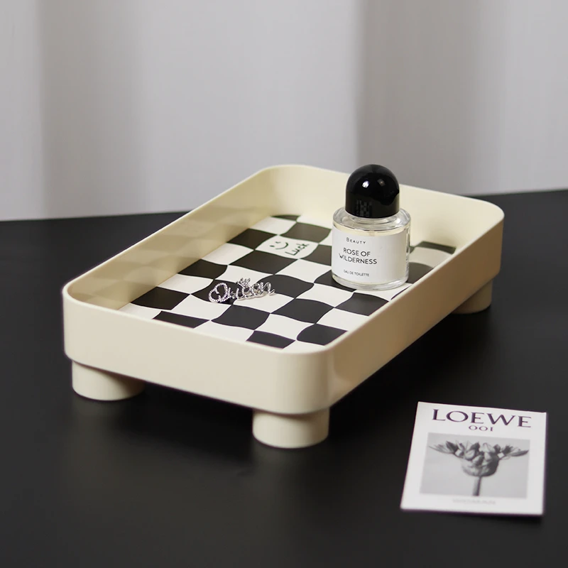 桌面收纳托盘黑白格口红护肤品化妆品整理盒香水收纳盒