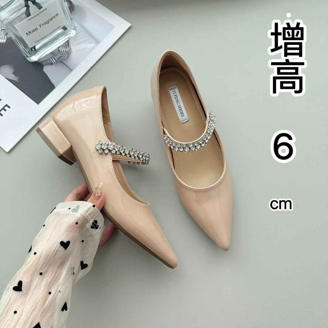 裸色尖头内增高粗跟单鞋6CM玛丽珍水钻链条纯欲风性感气质高跟鞋