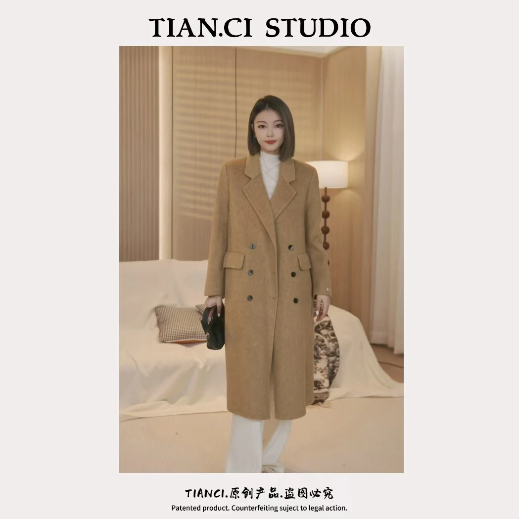 女士纯手工缝制绵羊毛双面呢大衣长款宽松外套9801YW