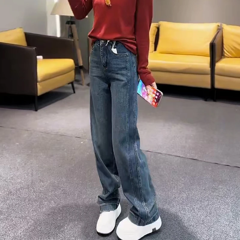 宽松直筒牛仔裤女爆款2025春季新款大码窄版高腰显瘦阔腿拖地裤子