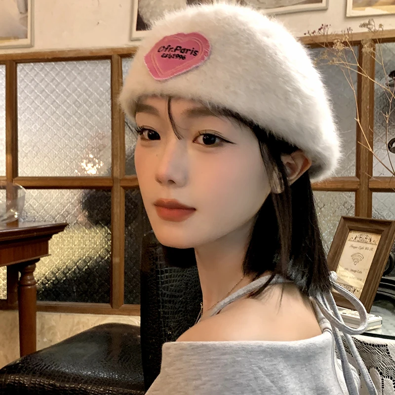 爱心兔毛贝雷帽女秋冬季韩版显脸小百搭蓓蕾画家帽子大头围毛绒帽