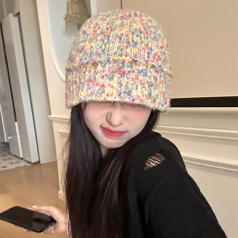 甜美可爱系彩虹毛线帽女秋冬保暖护耳大头围帽子针织帽渔夫水桶帽