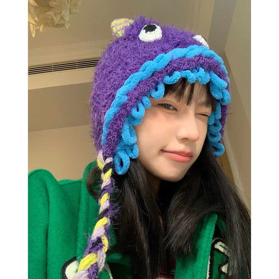 可爱小怪兽帽子女秋冬新款时尚保暖毛绒手工护耳针织毛线帽雷锋帽
