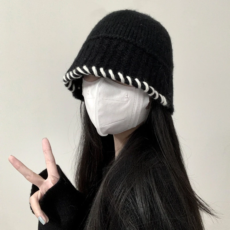 秋冬季保暖针织帽子女韩版百搭水桶帽黑色毛线锁边渔夫帽素颜盆帽