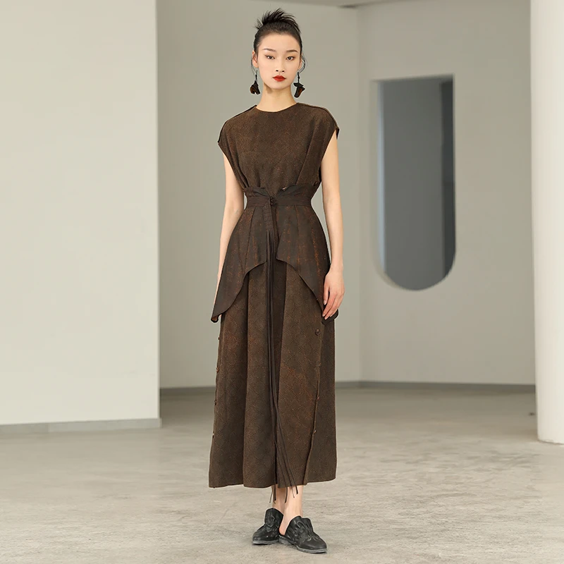 界内界外原创复古气质显瘦柞蚕丝香云纱收腰长款连衣裙J31Q012-1X