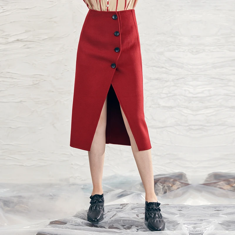 界内界外纯手工双面羊毛呢中长款包臀半身裙开叉中长裙J93Q497-2