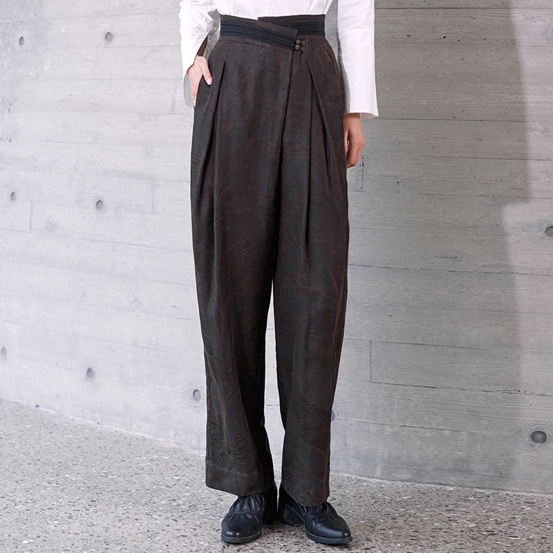 界内界外新中式斜襟提花绢丝老料香云纱休闲裤锥形长裤J23K999X