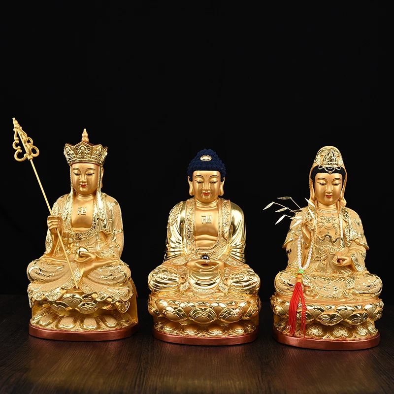 香樟木娑婆三圣鎏金观世音地藏王家用客厅桌面摆件