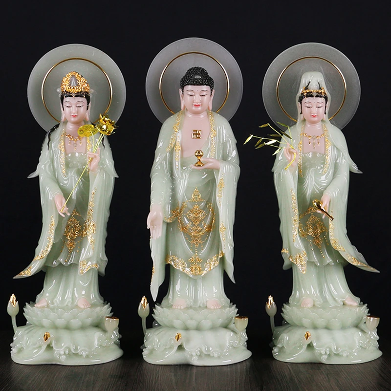 汉白玉翠玉西方三圣雕像摆件家居工艺品摆件