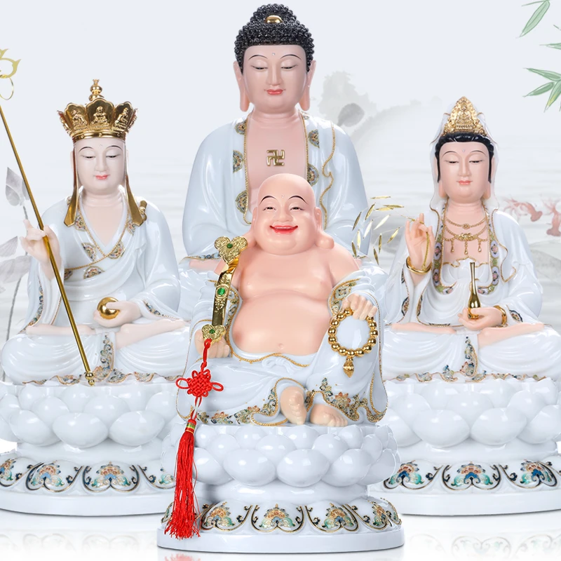 汉白玉娑婆三圣珐琅彩观世音家居桌面摆件