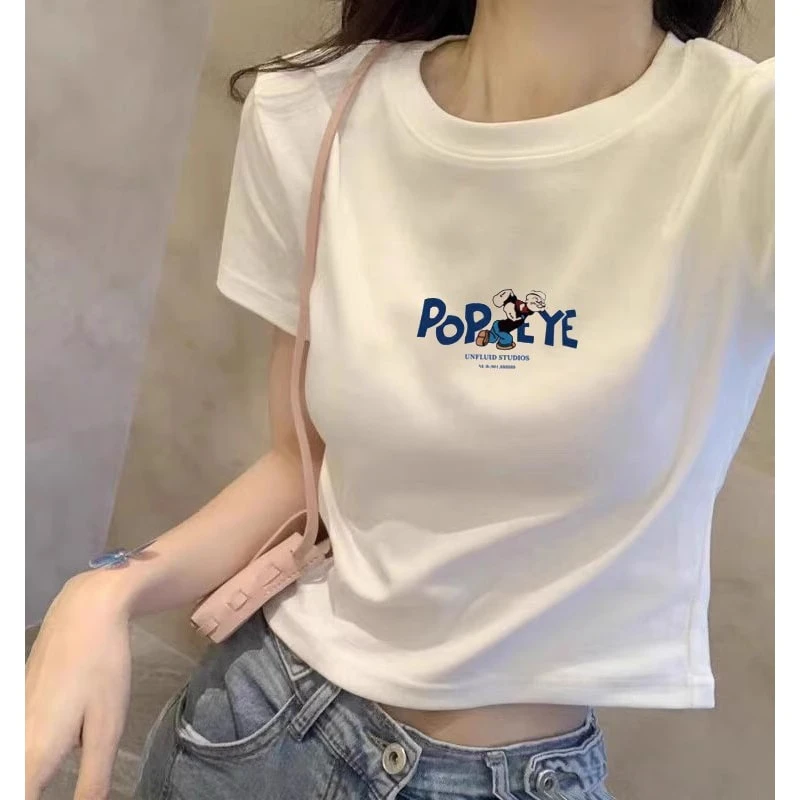 正肩欧货白色短袖t恤女2025夏季新款修身显瘦气质短款ins潮牌上衣