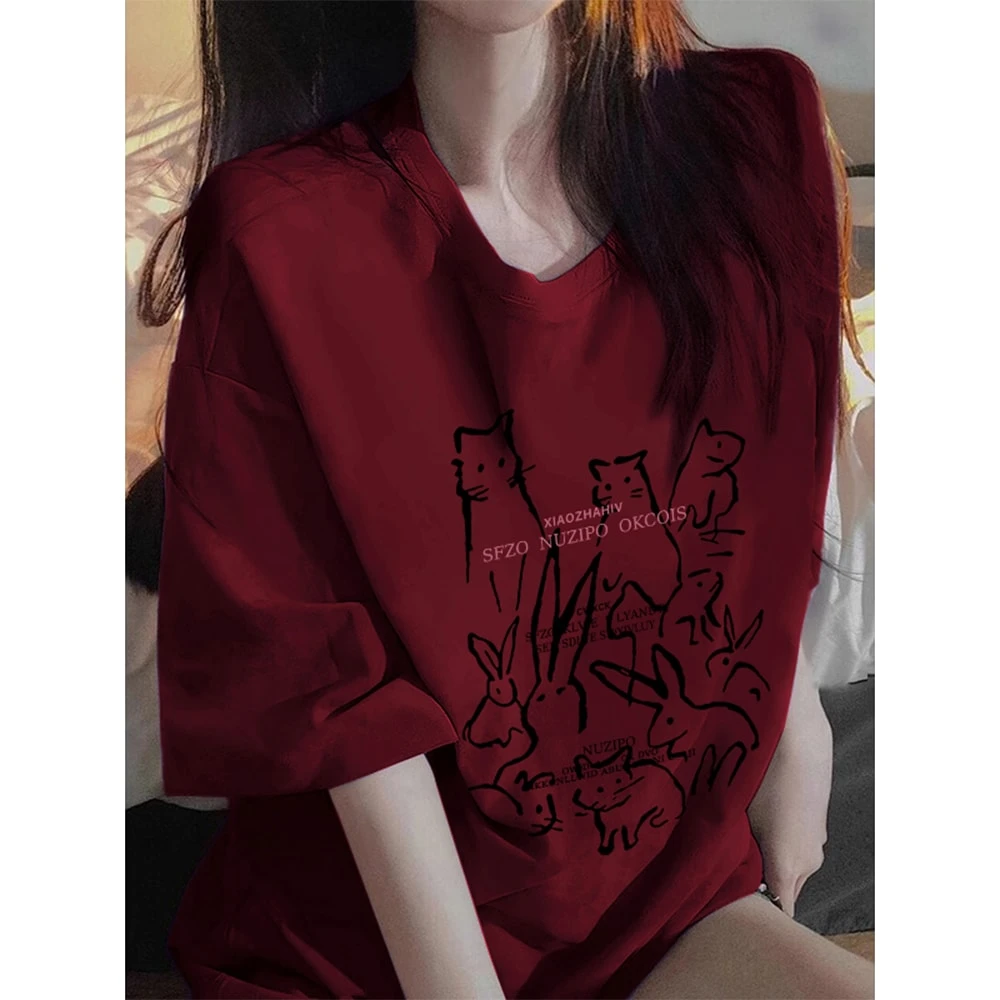 100%纯棉酒红色短袖t恤女装夏季美式大码200斤设计感半袖上衣潮牌