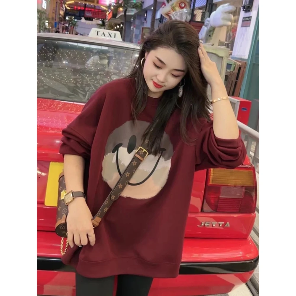 韩版休闲笑脸字母印花长袖卫衣女装秋季百搭洋气宽松显瘦套头上衣